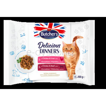 Butcher's Delicious Dinners Cat 2X Z Kurczakiem I Wątróbką 2X Z Kurczakiem I Wołowiną Kawałki W Galaretce 4X100G