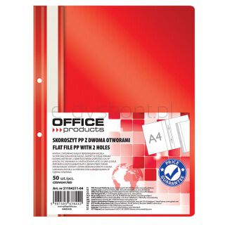 Office Products Skoroszyt, PP, A4, 2 otwory, 100/170mikr., wpinany, czerwony [BIURO]