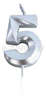 Świeczka Part Go, cyfra 5, 4,8cm, srebrna
