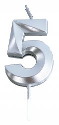 Świeczka Part Go, cyfra 5, 4,8cm, srebrna