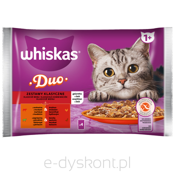 Whiskas Duo Zestawy Klasyczne 1+ Galaretka Z Wołowiną I Drobiem I Z Jagnięciną I Kaczką 340 G (4X85 G)