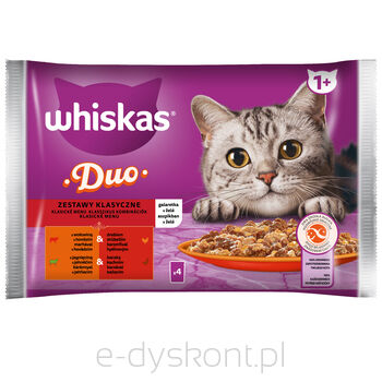 Whiskas Duo Zestawy Klasyczne 1+ Galaretka Z Wołowiną I Drobiem I Z Jagnięciną I Kaczką 340 G (4X85 G)