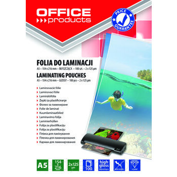 Folia do laminowania OFFICE PRODUCTS A5 2x125mikr błyszcząca 100szt transparentna