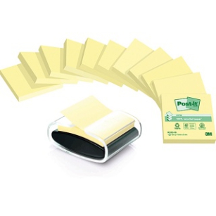 Karteczki ekologiczne POST-IT Z-Notes (C2014Y12-1), 76x76mm, 12x100 kart., żółte + podajnik GRATIS