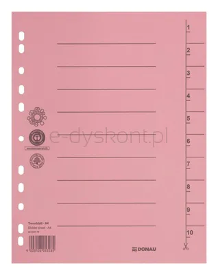 Donau Przekładka karton A4, 235x300mm, 1-10, 1 karta, jasnoróżowa 