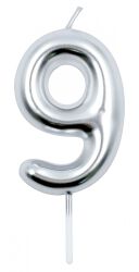 Świeczka Part Go, cyfra 9, 6cm, srebrna