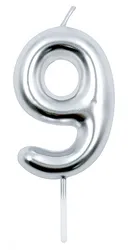 Świeczka PARTY GO, cyfra 9, 6cm, srebrna
